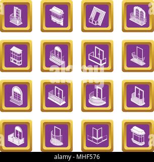 Balcony window forms icons set vector purple square isolated on white background Stock Vector