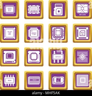 Computer chips icons set vector purple square isolated on white background Stock Vector