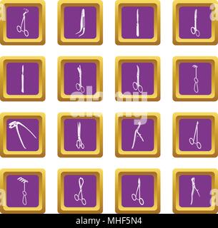 Surgeons tools icons set vector purple square isolated on white background Stock Vector