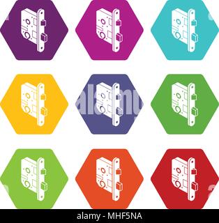 Standard door lock icons 9 set coloful isolated on white for web Stock Vector