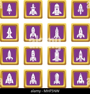 Rocket icons set vector purple square isolated on white background Stock Vector