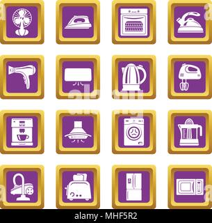 House appliance icons set vector purple square isolated on white background Stock Vector