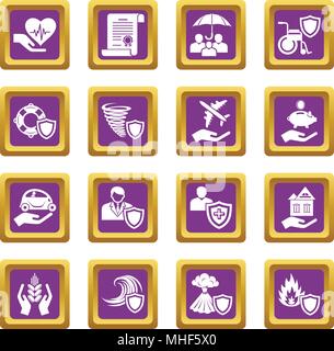 Insurance icons set vector purple square isolated on white background Stock Vector