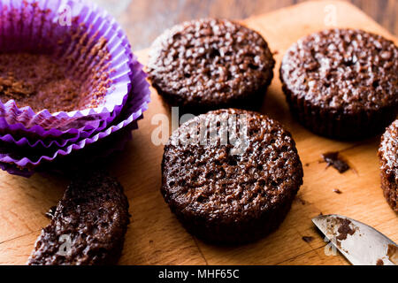 Mini Chocolate Cake Souffle on wooden surface. Dessert Concept. Stock Photo