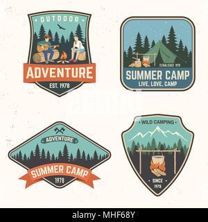 Set of Summer camp badges. Vector. Concept for shirt , print, stamp, travel badges or tee. Vintage typography design with rv trailer, camping tent, ca Stock Vector