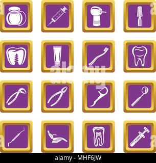 Dentist stomatologist icons set vector purple square isolated on white background Stock Vector