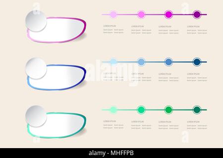 Set of three infographic bent labels with colored edges and chrome frames and timeline. Colorful timeline next to them is ready for your text. Stock Vector