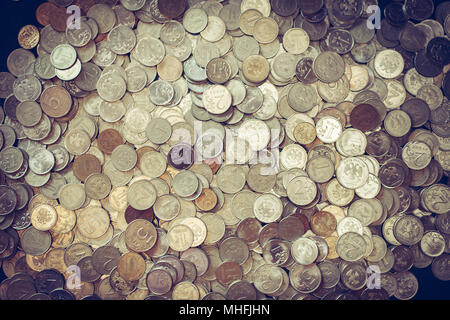 Background of gold and silver coins. Many Russian rubles. Stock Photo