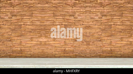 Wooden tabletop with old red brick background use for products display or show. Stock Photo
