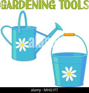 Bright colorful cartoon garden watering set. Blue bucket and watering can. Garden tool vector illustration gift card certificate sticker, badge, sign, Stock Vector