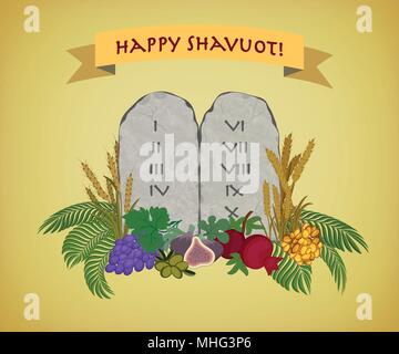 Jewish holiday of Shavuot, tablets of stone with ten commandments and Seven species of the Holy Land Stock Vector