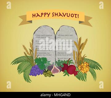 Jewish holiday of Shavuot, tablets of stone wiht hebrew text and Seven species of the Holy Land Stock Vector