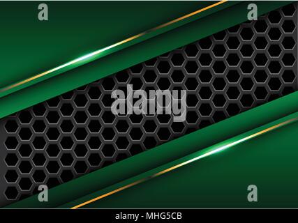 Abstract dark gray hexagon mesh in green triangle gold line design modern futuristic background vector illustration. Stock Vector