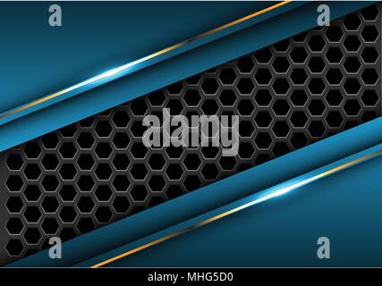 Abstract dark gray hexagon mesh in blue triangle gold line design modern futuristic background vector illustration. Stock Vector