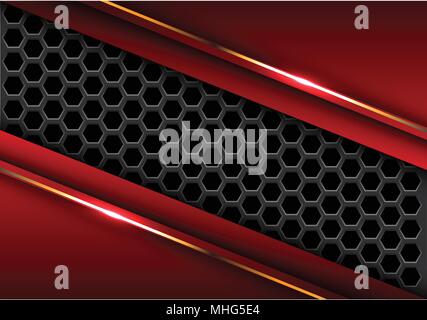 Abstract dark gray hexagon mesh in red triangle gold line design modern futuristic background vector illustration. Stock Vector