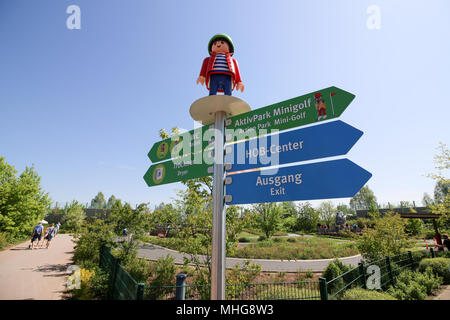 Zirndorf, Germany - 29 April 2018: Information boards show the way to the individual stations of the Playmobil Funpark in Zirndorf near Nuremberg. Stock Photo