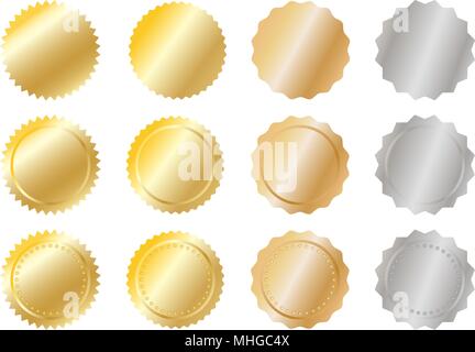 Close up metal achievement and award badges (golden, silver and copper) isolated on white background Stock Vector