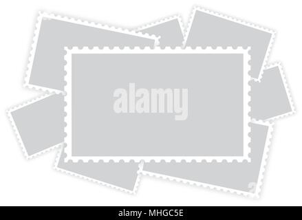 Many old retro style grey blank paper postage stamp frames with shadow isolated on white background Stock Vector