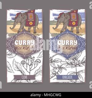 Set of two labels with clove, fenugreek and Indian elephant hand drawn color sketch. Stock Vector