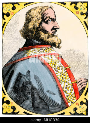Charlemagne, called the King with the Grizzly Beard in the Song of Roland. Hand-colored woodcut Stock Photo