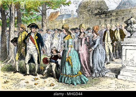 Louis XVI and Marie Antoinette with their son the Dauphin at the Tuileries, Paris. Hand-colored woodcut Stock Photo