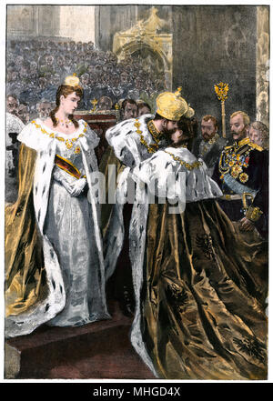 Coronation of Nicholas II, the new czar kissing his mother, 1896. Hand-colored woodcut Stock Photo