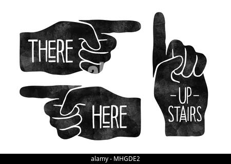 Navigation signs. Black hand silhouettes with pointing finger. Vector Illustration. Stock Vector