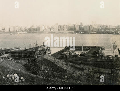 Antique February 1939 photograph, view of Weehawken Freight Yards and New York City skyline, from Boulevard East in West New York, NJ. SOURCE: ORIGINAL PHOTOGRAPHIC PRINT. Stock Photo