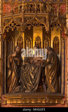 ZARAGOZA, SPAIN - MARCH 3, 2018: The  carved relief of The Doubt of St. Thomas in former church Iglesia del Sagrado Corazon de Jesus from 19. cent. Stock Photo