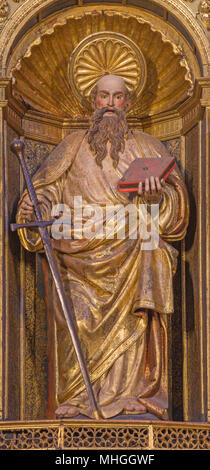 ZARAGOZA, SPAIN - MARCH 3, 2018: The  St. Paul - carved statue on the main altar in the church Iglesia de San Pablo by Damian Forment (151 - 1535). Stock Photo