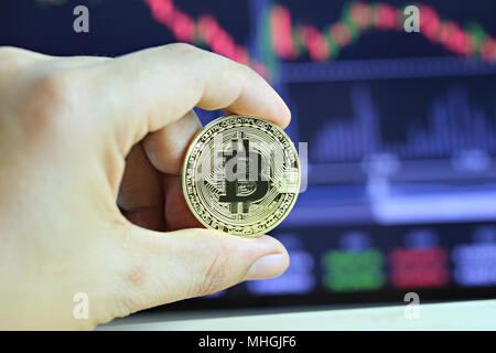 Gold bitcoin in hand of businessman on digital graph background in concept of cryptocurrency idea for design in your work. Stock Photo
