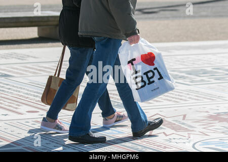 Blackpool Lancashire. 1st May, 2018. UK Weather:  Sunny start to the day on the Fylde Coast. Foreign tourists enjoy the attractions on the seafront promenade.  The comedy carpet or pavement provides a comic backdrop for photographers intent on taking selfies. MediaWorldImages/AlamyLiveNews. Stock Photo
