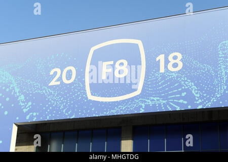 30 April 2018, USA, San Jose: The logo of the Facebook Developer Conference F8 can be seen outside the McEnery Convention Center in San Jose. Facebook is revealing its future plans here on 01 May 2018. The annual event is overshadowed by Facebook's data scandal. Photo: Andrej Sokolow/dpa Stock Photo