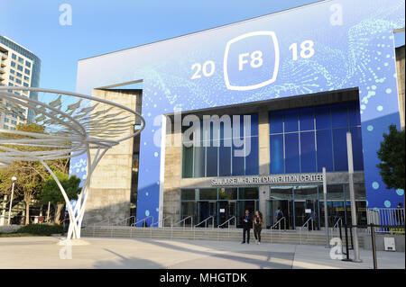 30 April 2018, USA, San Jose: The logo of the Facebook Developer Conference F8 can be seen outside the McEnery Convention Center in San Jose. Facebook is revealing its future plans here on 01 May 2018. The annual event is overshadowed by Facebook's data scandal. Photo: Andrej Sokolow/dpa Stock Photo