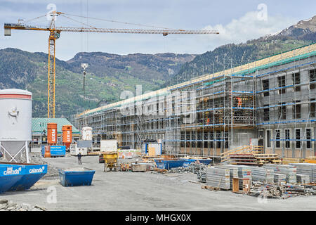 Cazis, Switzerland, 1st May 2018. Construction site during the media event on the topping out of the new penal institution Realta in Cazis. Credit: Rolf Simeon/Alamy Live News Stock Photo