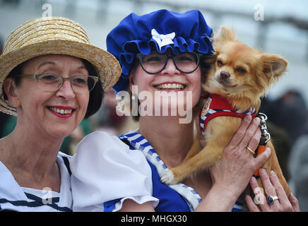 Mecklenburg-Western Pomerania, Germany. 01 May 2018, Mecklenburg-Western Pomerania, Binz: The members of Duesseldorf's Cigar Club showing Chihuahua dog 'Kowalski' during the start of the bathing season at the beach in Binz. The open-air bathing season is traditionally inaugurated each year on May 1st in the beach resort of Binz on the isle of Ruegen with the bathing of local hoteliers and members of the DLRG-Ortsgruppe ('DLRG (German Life Rescue Association) East Group'). Photo: Stefan Sauer/dpa-Zentralbild/dpa Credit: dpa picture alliance/Alamy Live News Stock Photo