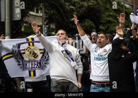Madrid, Spain. 1st May, 2018. Real Madrid fans in Santiago Bernabeu Stadium ahead of Champions League match against Bayern Munich, in Madrid, Spain. Credit: Marcos del Mazo/Alamy Live News Stock Photo