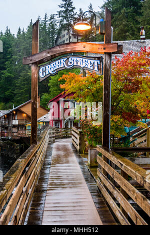 Ketchikan town in Alaska. Old wooden houses and shops on creek street Stock Photo