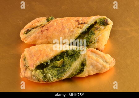 Crackers with tuna salad on wooden plate in restaurant Stock Photo