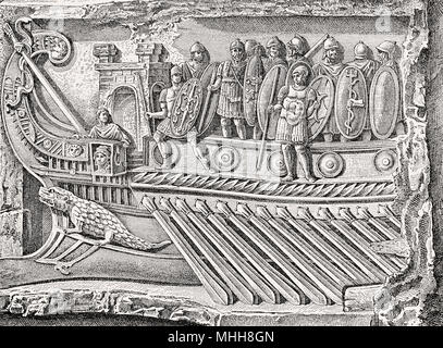 A Roman naval bireme, relief from the Temple of Fortuna Primigenia in Praeneste, ancient Roman Empire Stock Photo