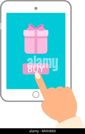 E commerce flat vector illustration. Man push buy button on tablet pc to purchase gift. Stock Vector
