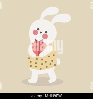 Cartoon trendy style cute bunny mascot with red gift box icon. Vector illustration. Stock Vector