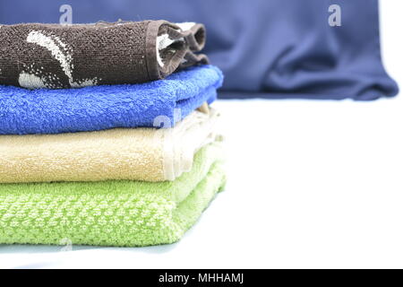 bathroom toiletries, multi-colored towels Stock Photo