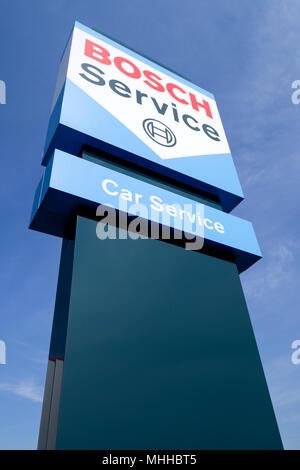 Bosch Car Service sign against blue sky. Bosch Car Service is an