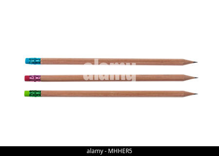 Three wooden long pencils with pink, green and blue erasers isolated on white background, top view Stock Photo