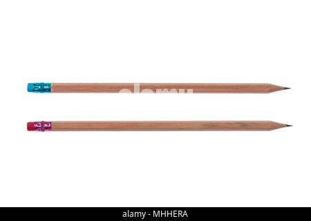 Two wooden long pencils with pink and blue erasers isolated on white background, top view Stock Photo