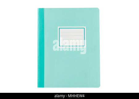 Pastel blue school notebook or diary, old fashioned, isolated on white background, blank label, space for text, top view Stock Photo