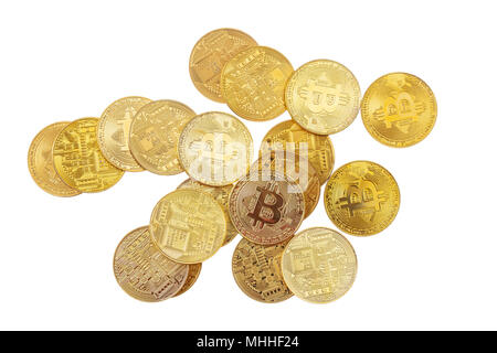 Bitcoins heap, cryptocurrency isolated on white background, top view Stock Photo