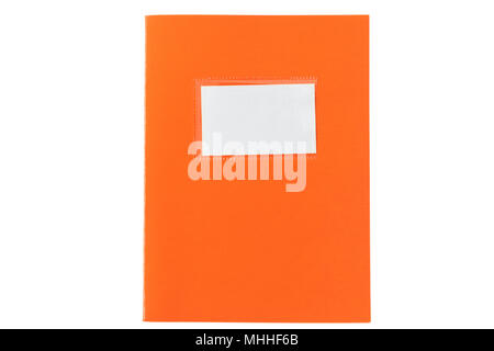 Orange school notebook or diary, old fashioned, isolated on white background, blank label, space for text, top view