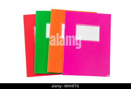 School notebooks stack, old fashioned, isolated on white background, blank label, space for text, top view Stock Photo